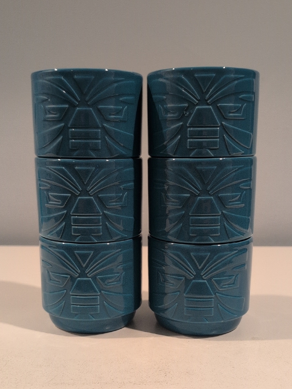 Set Of Six Ceramic Cruzan Rum Stackable Turquoise Tiki 10 Ounce Mugs - Picture 7 of 16